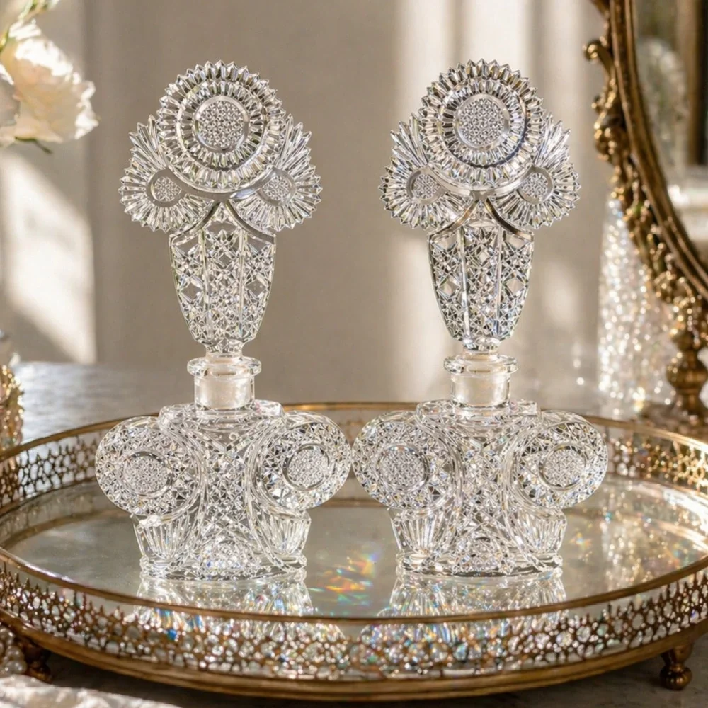 Vintage Czech Cut Crystal Winged Vanity Bottle | Mid Century Bohemian Glass